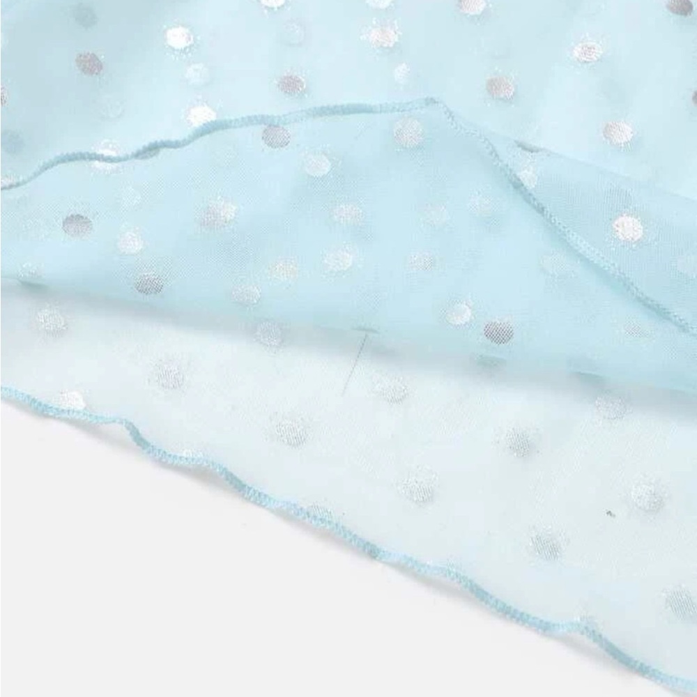 Baby Blue Mesh Crop Top with Silver Metallic Polkadots and Lettuce Trim Hem NWOT - Picture 4 of 12